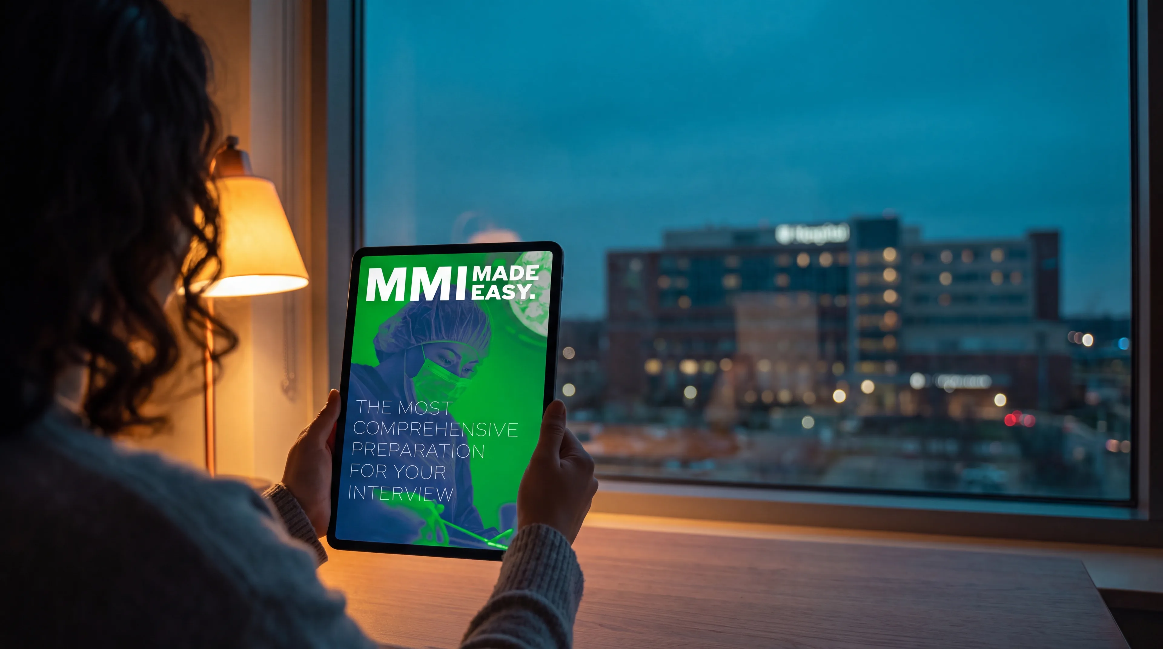 The MMI Made Easy eBook open on a tablet, held by a candidate at dusk