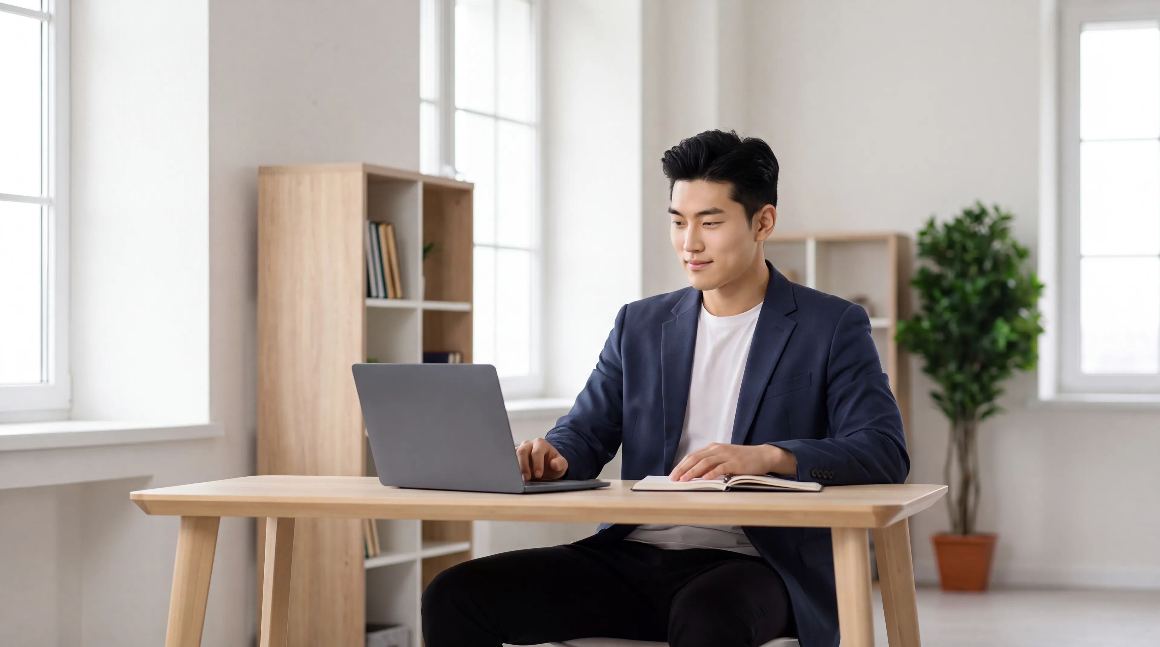 A candidate working through a timed scenario at his laptop